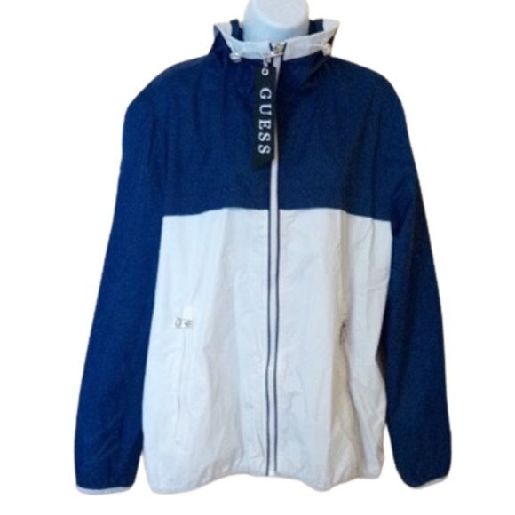 GUESS Navy Blue  White Hooded Spring Jacket Windbreaker Size Large - Picture 1 of 4